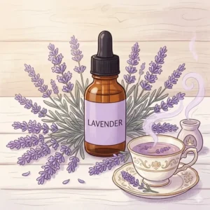 A bottle of lavender oil, one of the most popular nice smelling essential oils, sitting next to a bunch of fresh purple lavender flowers.