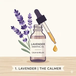 Minimalist illustration of a lavender sprig next to an essential oil bottle, highlighting it as one of the top essential oil scents for relaxation.
