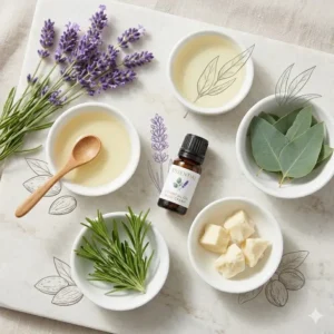 Flat lay of organic botanical ingredients used to make essential oil body cream.