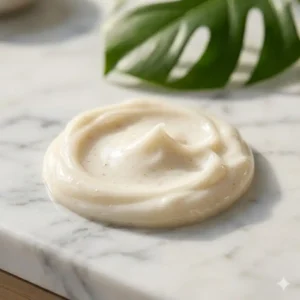 A close-up of creamy oil body lotion texture showing its smooth and non-greasy consistency.
