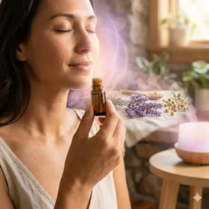 An illustration showing a person relaxing and inhaling the soothing scent of wellness oils for natural stress relief.