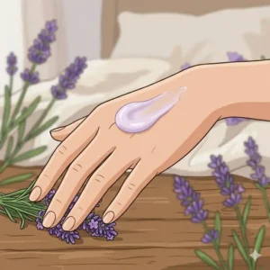 A person gently applying essential oil lotion to their hands for skin hydration.