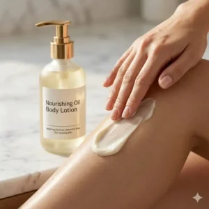 A person applying oil body lotion to their legs for deep hydration and a healthy skin glow.