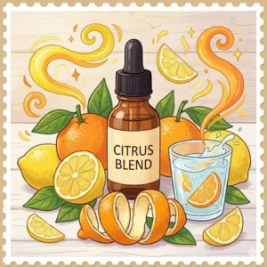 Vibrant orange and lemon essential oils displayed with citrus peels to highlight fresh and nice smelling essential oils for energy.