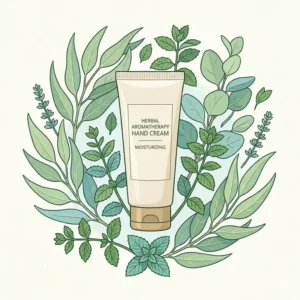 Flat lay illustration of eucalyptus and peppermint leaves surrounding a tube of aromatherapy hand cream.