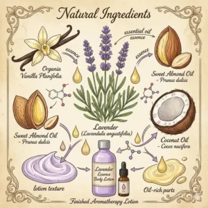 Illustration 2: Botanical diagram showing the natural organic ingredients of this aromatherapy body lotion.