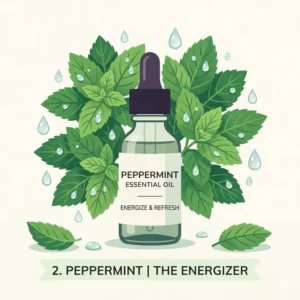 Crisp graphic showing peppermint leaves and water droplets representing the cooling properties of this top essential oil scents.