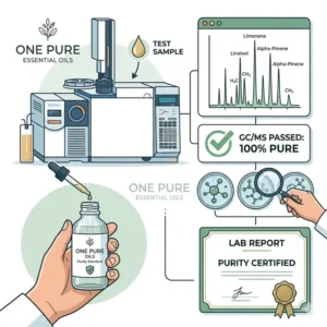 A laboratory GC/MS testing report verifying the high quality and purity of one pure essential oils.