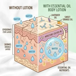 A scientific diagram showing how essential oil body lotion locks moisture into the skin layers.