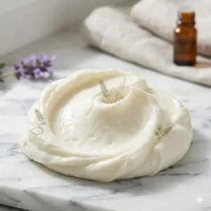 Close up macro shot showing the smooth texture of white essential oil body cream.