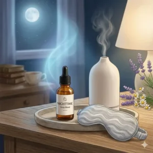 A bedside scene featuring a sleep mask, a lamp, and a calming blend of wellness oils for a nighttime routine.