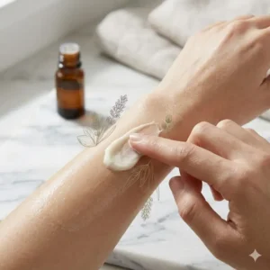 A person applying essential oil body cream to their arm for skin hydration.
