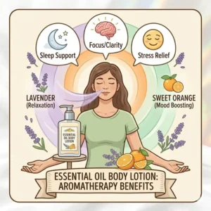A visual representation of the soothing aromatherapy benefits of using essential oil body lotion.