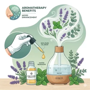 An aromatherapy diffuser releasing mist using a few drops of one pure essential oils.
