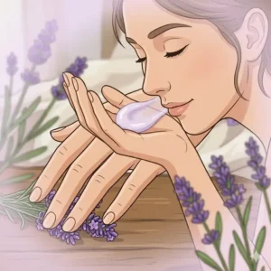 Experiencing the calming aromatherapy benefits of scented essential oil lotion.