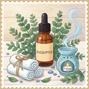 A spa-like setting featuring eucalyptus essential oil and green leaves, perfect for those seeking nice smelling essential oils for a refreshing atmosphere.