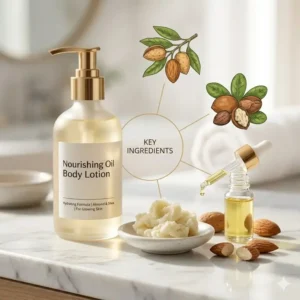 Natural ingredients like almond oil and shea butter used in an intensive oil body lotion formula.