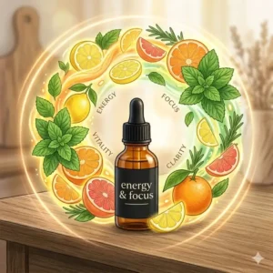 Vibrant citrus fruits and peppermint leaves swirling around a bottle of stimulating wellness oils for energy and focus.
