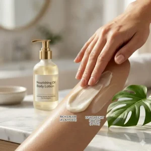 A hand demonstrating the fast-absorbing properties of a lightweight oil body lotion.
