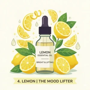 Vibrant yellow illustration of lemon zest and oil drops, representing uplifting citrus top essential oil scents.