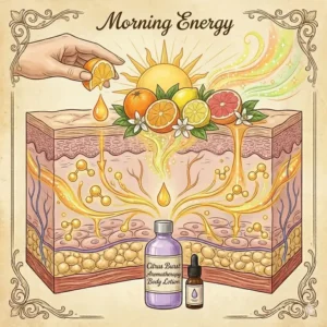 Illustration 4: Using a citrus-scented aromatherapy body lotion during an energizing morning wellness routine.