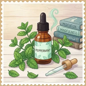 Cool peppermint oil bottle nestled among fresh mint leaves, showcasing crisp and nice smelling essential oils for mental clarity.