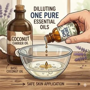 A guide on how to safely dilute one pure essential oils with a carrier oil for skin use.