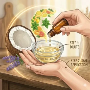 A hand gently applying diluted wellness oils to a wrist, demonstrating safe topical usage with a carrier oil.