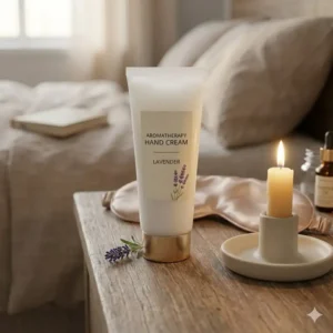 A tube of lavender-scented aromatherapy hand cream on a nightstand next to a sleeping mask.