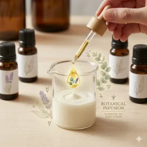 Pure botanical extracts being infused into a batch of essential oil body cream.