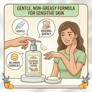 An illustration highlighting the gentle and non-greasy formula of this essential oil body lotion.