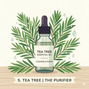 Clean, green-toned illustration of Melaleuca leaves, a staple among top essential oil scents for skin and home care.