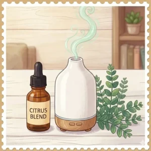 An ultrasonic diffuser emitting a fine mist of nice smelling essential oils into a modern, cozy living room.