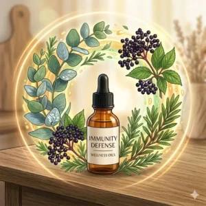 An illustration of eucalyptus, tea tree, and rosemary plants protecting a bottle of wellness oils for immunity support.