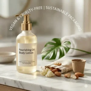 Sustainable packaging for a vegan and cruelty-free oil body lotion.
