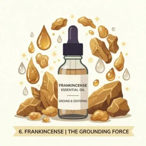 Stylized illustration of resin tears and a diffuser, showcasing the earthy aroma of frankincense, one of the top essential oil scents.
