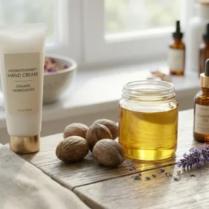 Raw shea butter and almond oil ingredients displayed next to an organic aromatherapy hand cream.