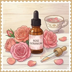 Elegant rose essential oil bottle surrounded by soft pink petals, representing sweet-scented floral nice smelling essential oils.