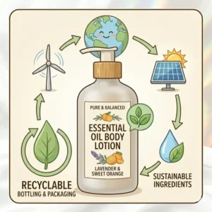 A graphic showing the eco-friendly and sustainable packaging of our essential oil body lotion.