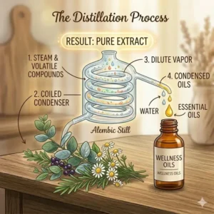 A clean diagram illustrating the plant extraction and steam distillation process used to create pure wellness oils.