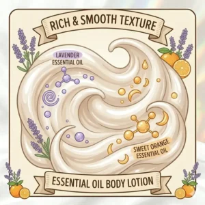 A close-up swirl illustration showing the rich and smooth texture of the essential oil body lotion.