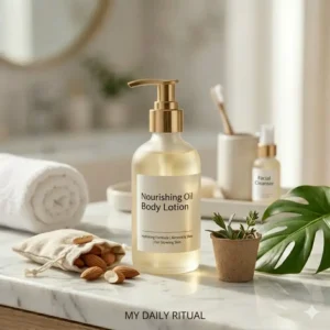 An oil body lotion sitting on a bathroom vanity as part of a daily moisturizing skincare routine.
