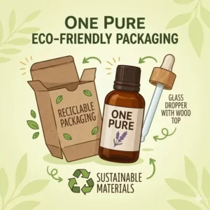 An eco-friendly packaging design for one pure essential oils using amber glass and recyclable materials.