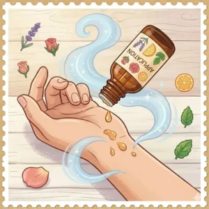 Someone applying a drop of nice smelling essential oils to their wrist from a glass dropper bottle.