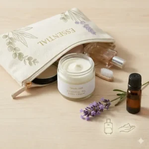 A portable travel size container of essential oil body cream in a makeup bag.