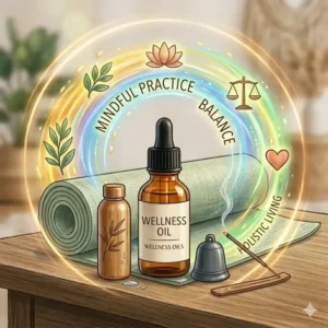 A serene illustration of a yoga mat, water bottle, and wellness oils integrating into a holistic healthy lifestyle.