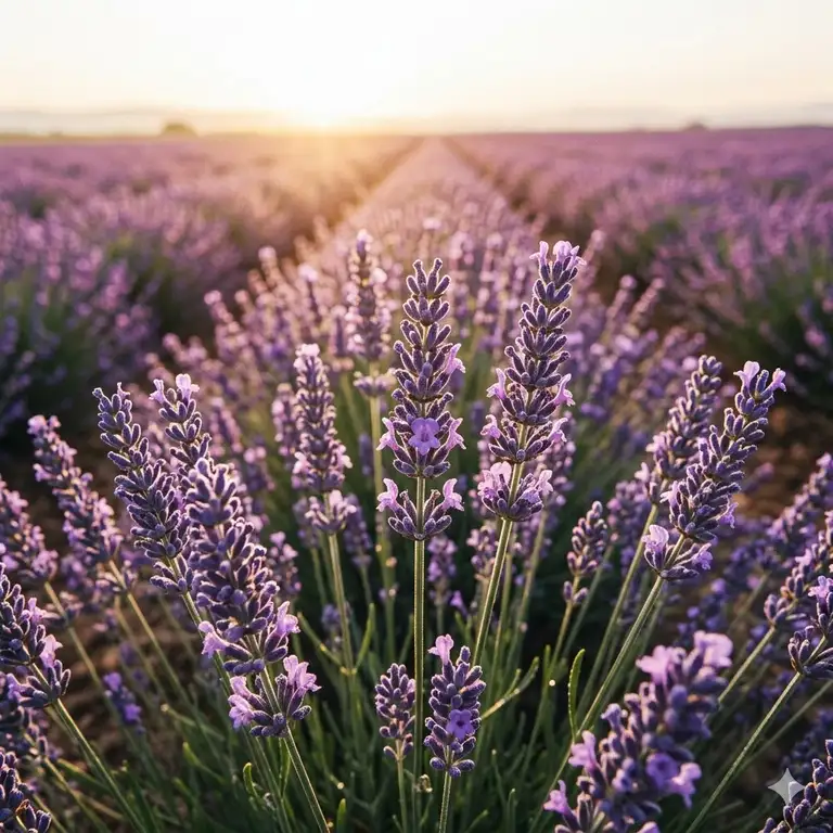 A sprawling lavender field at sunrise, illustrating how every fragrant essential oil begins with a natural harvest.