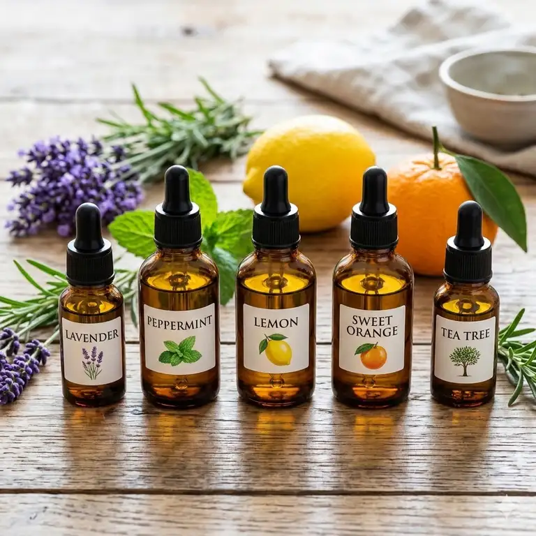 A variety of amber bottles showing what essential oils smell good for home aromatherapy.
