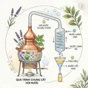 Detailed diagram showing how a fragrant essential oil begins with a steam distillation process in a copper alembic.