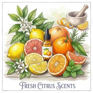 Bright citrus fruits like lemon and orange explaining what essential oils smell good for energy.